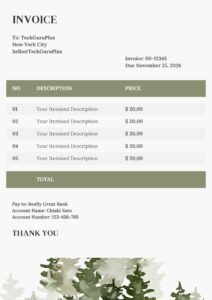 Invoice Template - Organic Watercolor Pine Tree Format (Free Word Download)