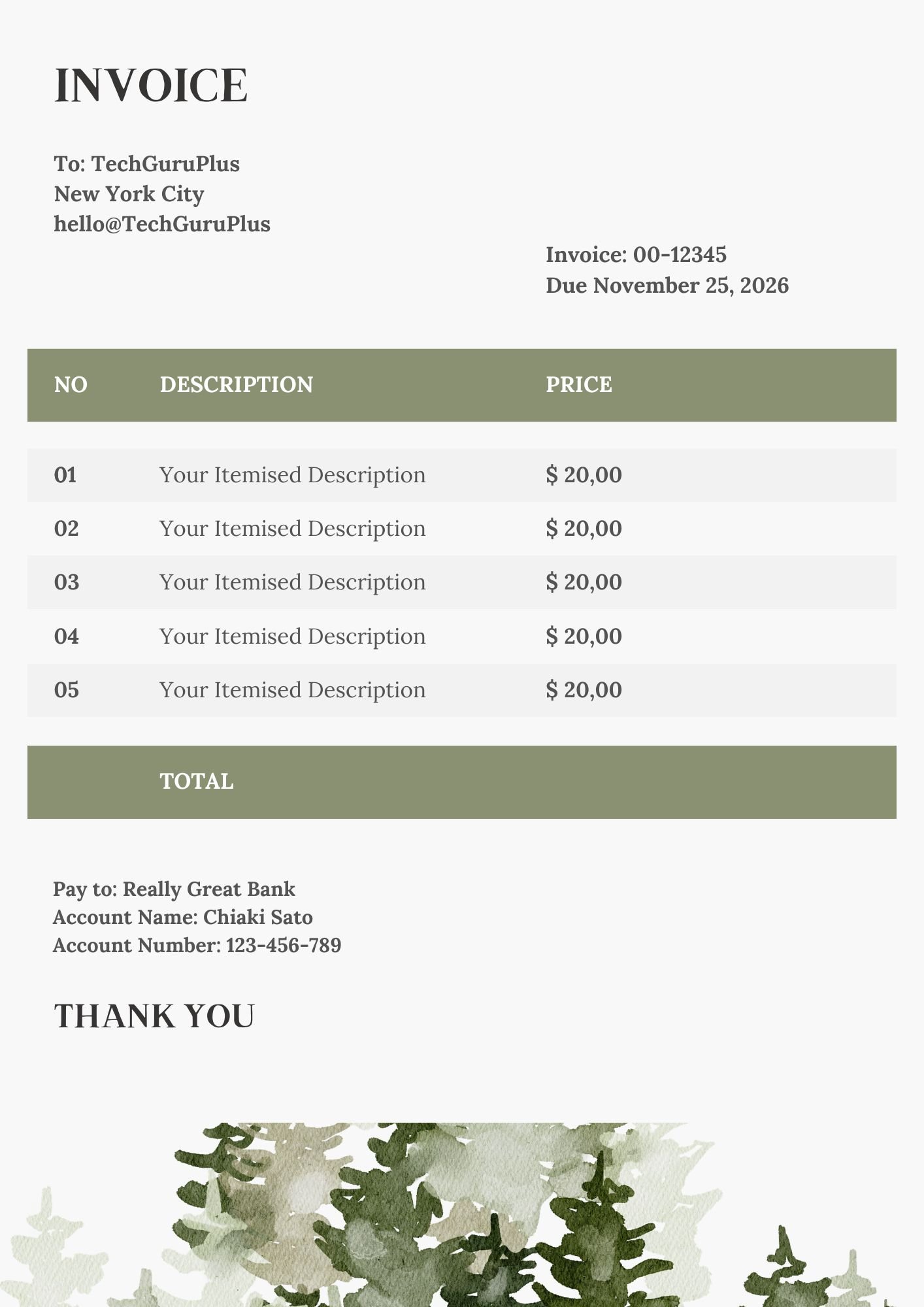 Invoice Template - Organic Watercolor Pine Tree Format (Free Word Download)