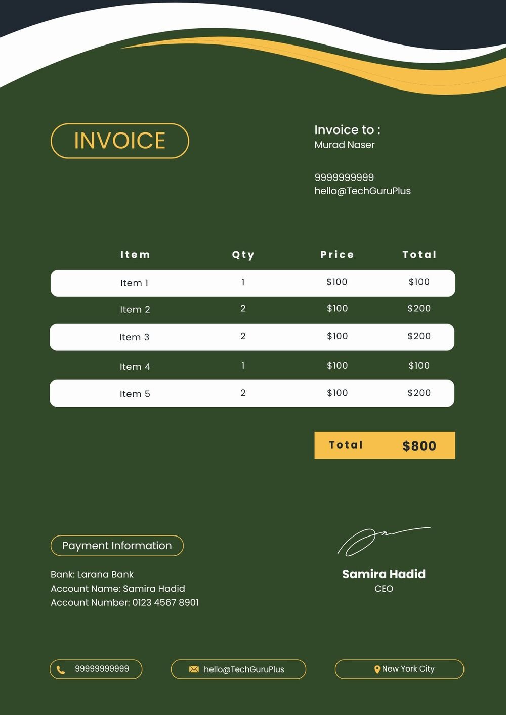 Invoice Template - Premium Dark Green & Gold Design (Free Word Download)