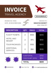 Invoice Template - Purple & Brown Travel Agency Format (Free Word Download)