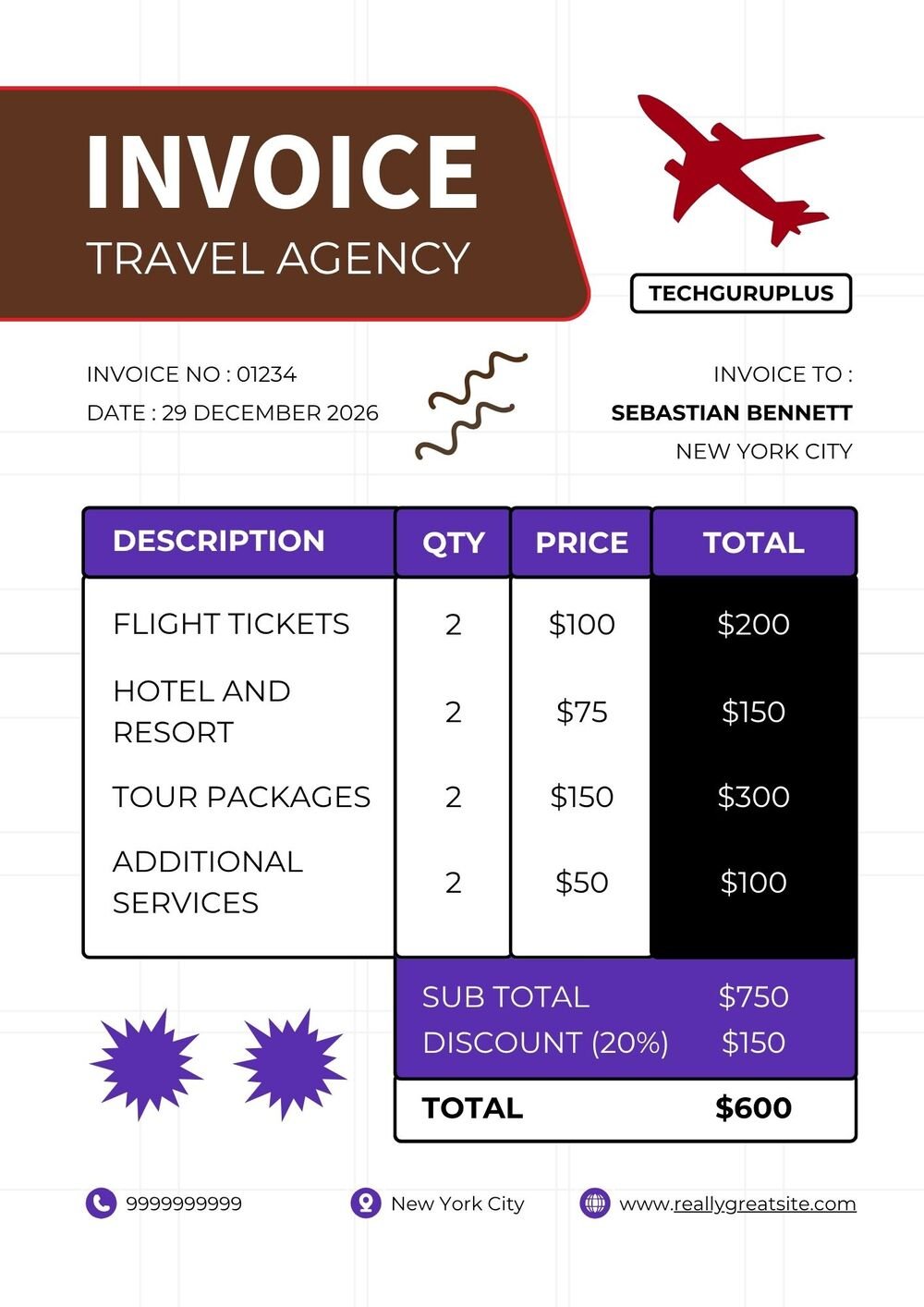 Invoice Template - Purple & Brown Travel Agency Format (Free Word Download)