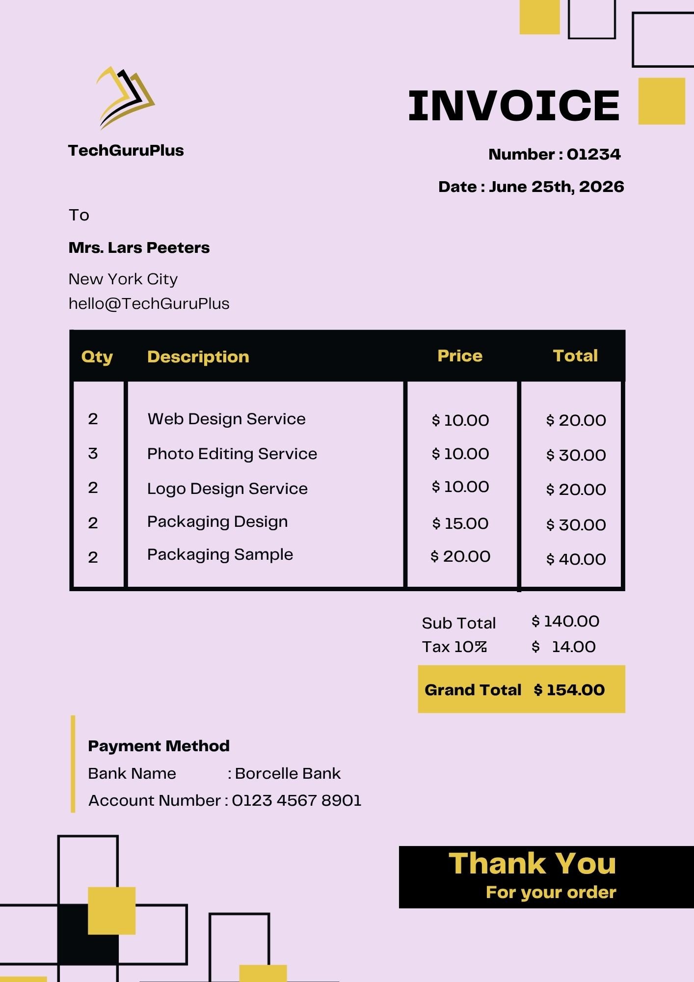 Invoice Template - Purple & Yellow Geometric Agency Format (Free Word Download)