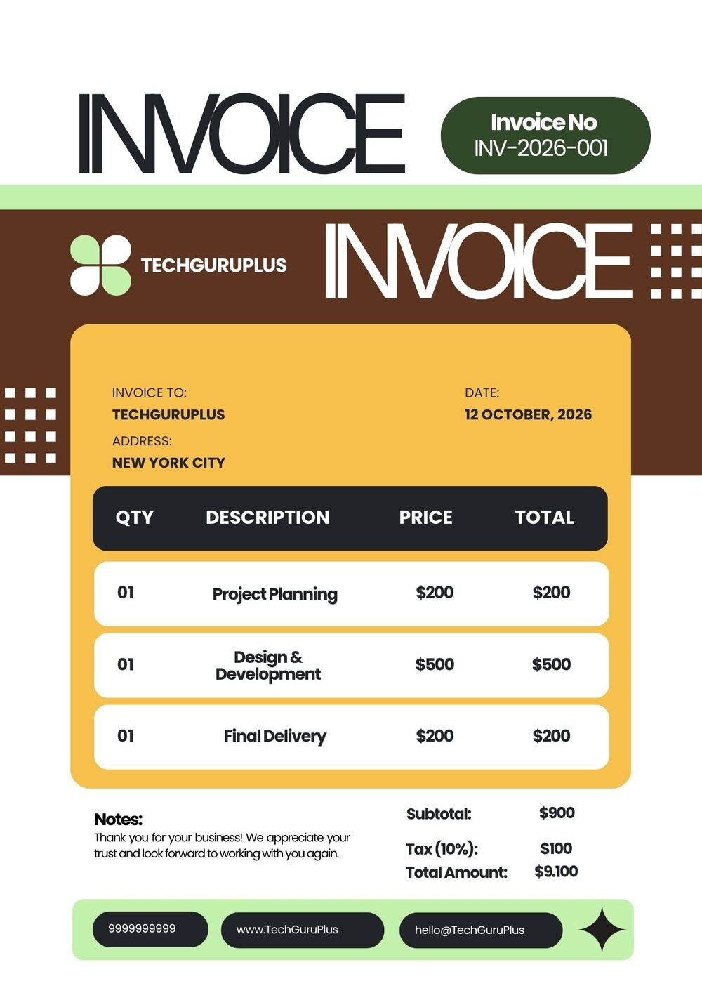 Invoice Template - Retro Modern Mustard & Brown Format (Free Word Download)