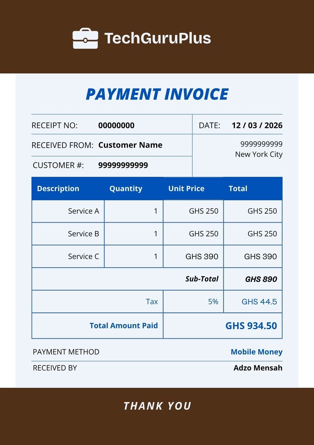 Invoice Template - Simple Blue & Brown Payment Format (Free Word Download)