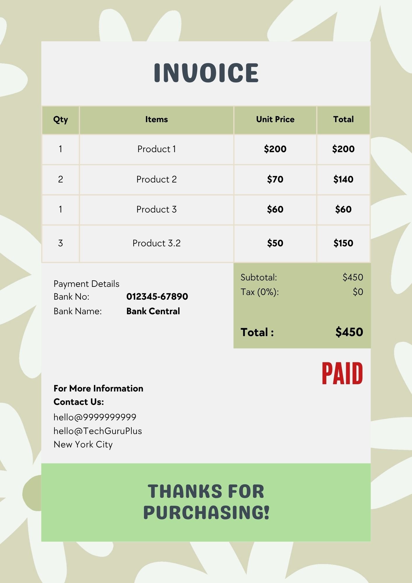 Invoice Template - Soft Green Floral Boutique Format (Free Word Download)