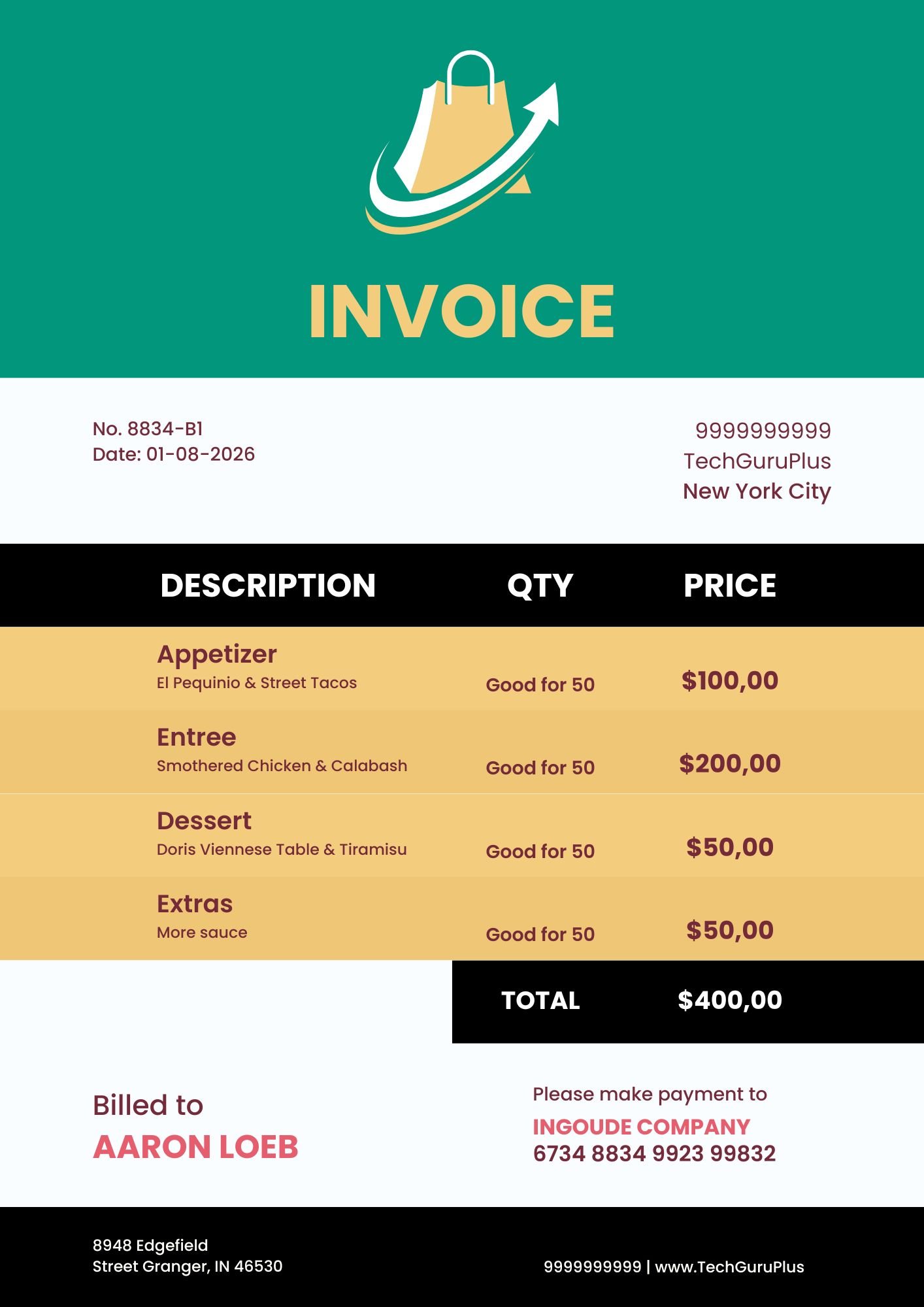 Invoice Template - Vibrant Catering & Restaurant Format (Free Word Download)