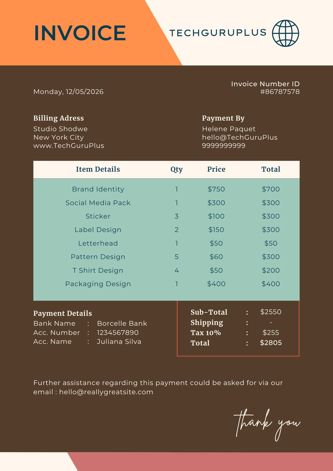 Invoice Template - Vibrant Studio Branding Format (Free Word Download)