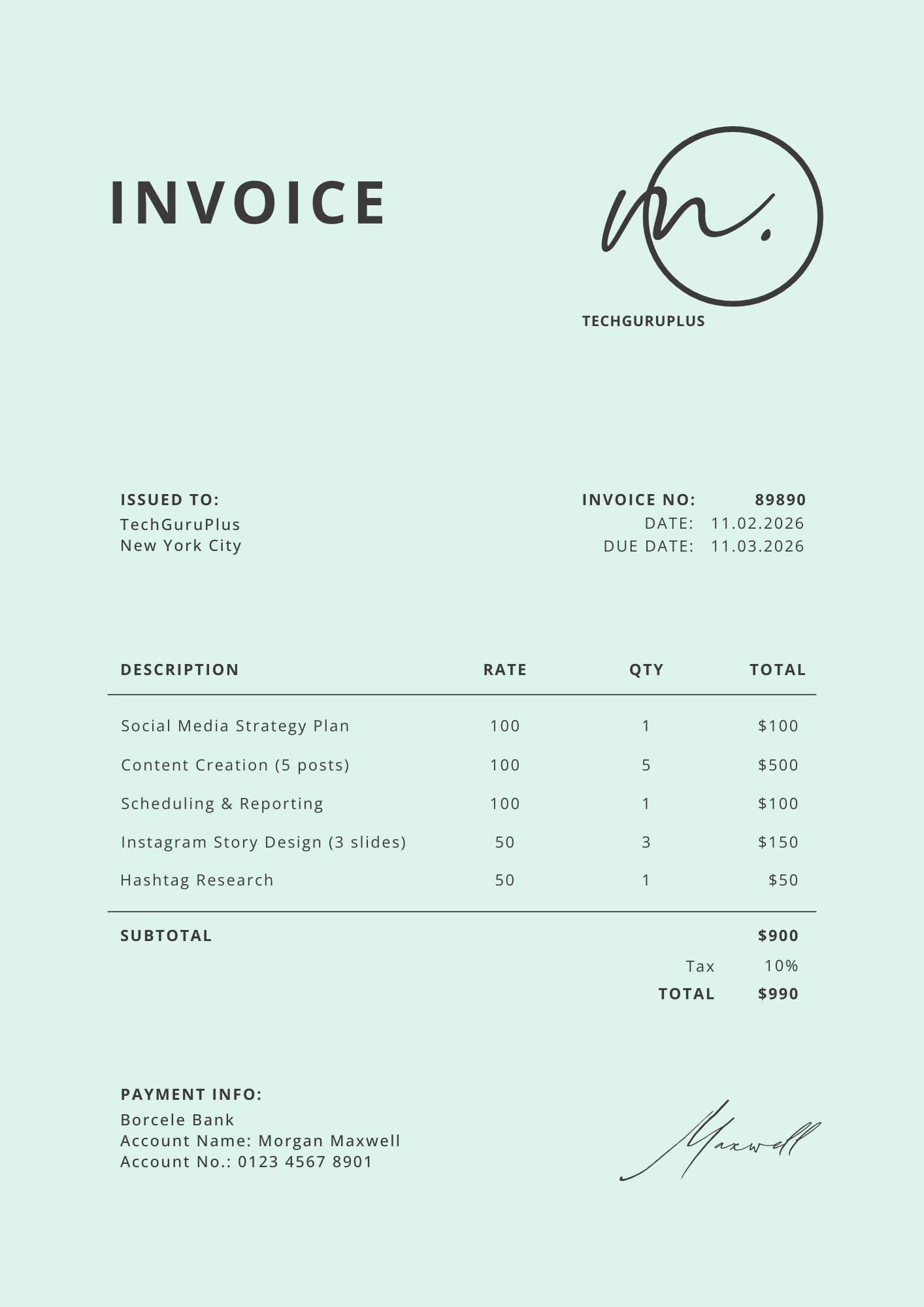 Minimalist Social Media Invoice Template in Word (Free Download)