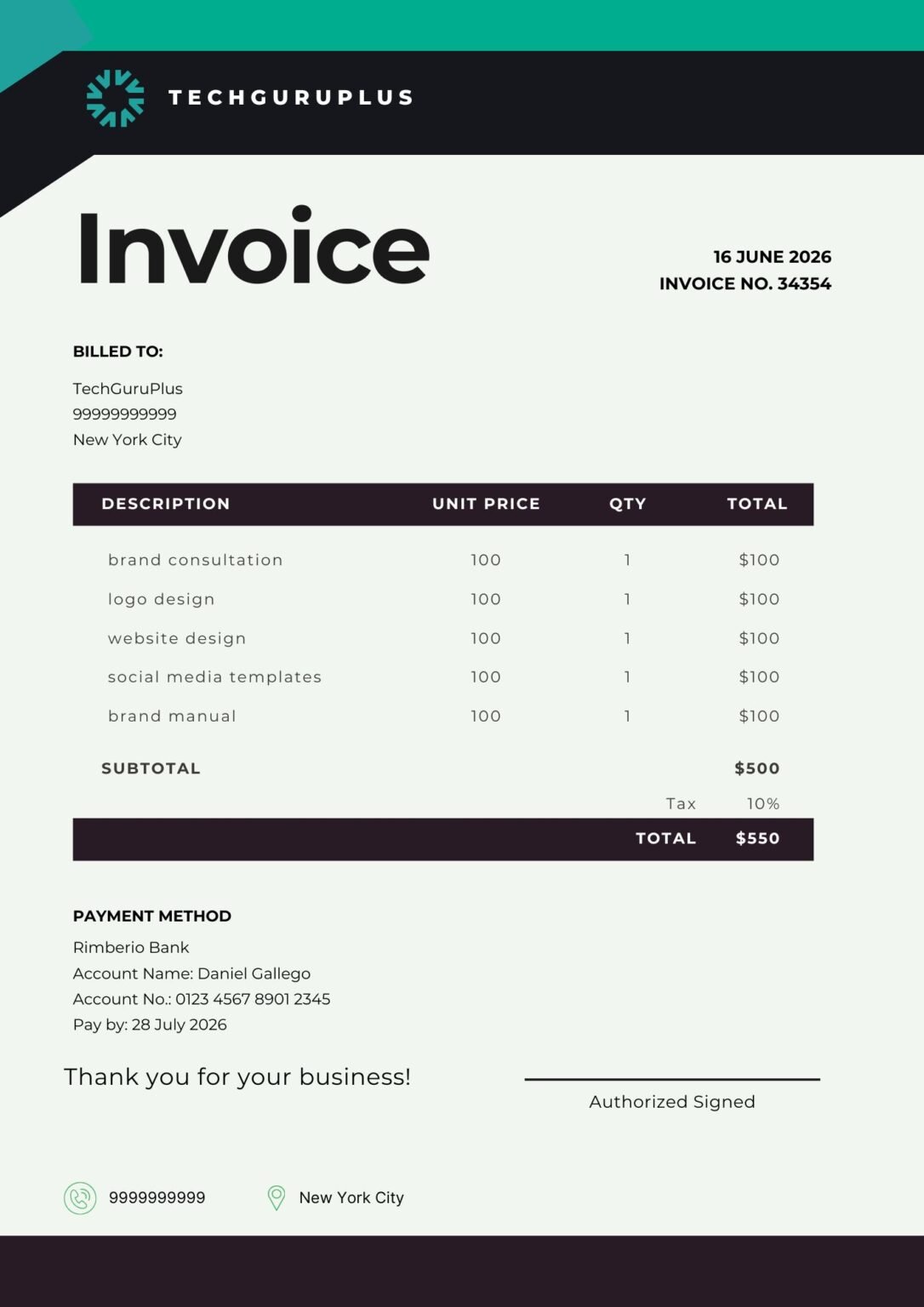 Invoice Template- Modern Digital Agency Word File (Free Download)