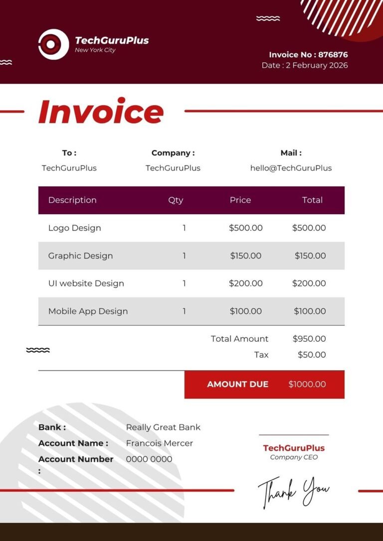 Invoice Template - Modern UI/UX & Graphic Design (Free Word Download)