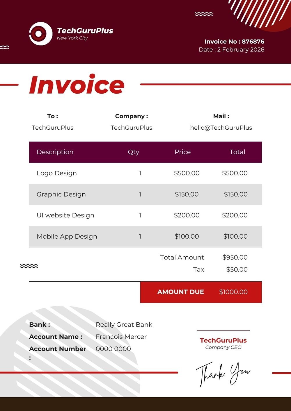 Modern UIUX & Graphic Design Invoice Template (Free Word Download)