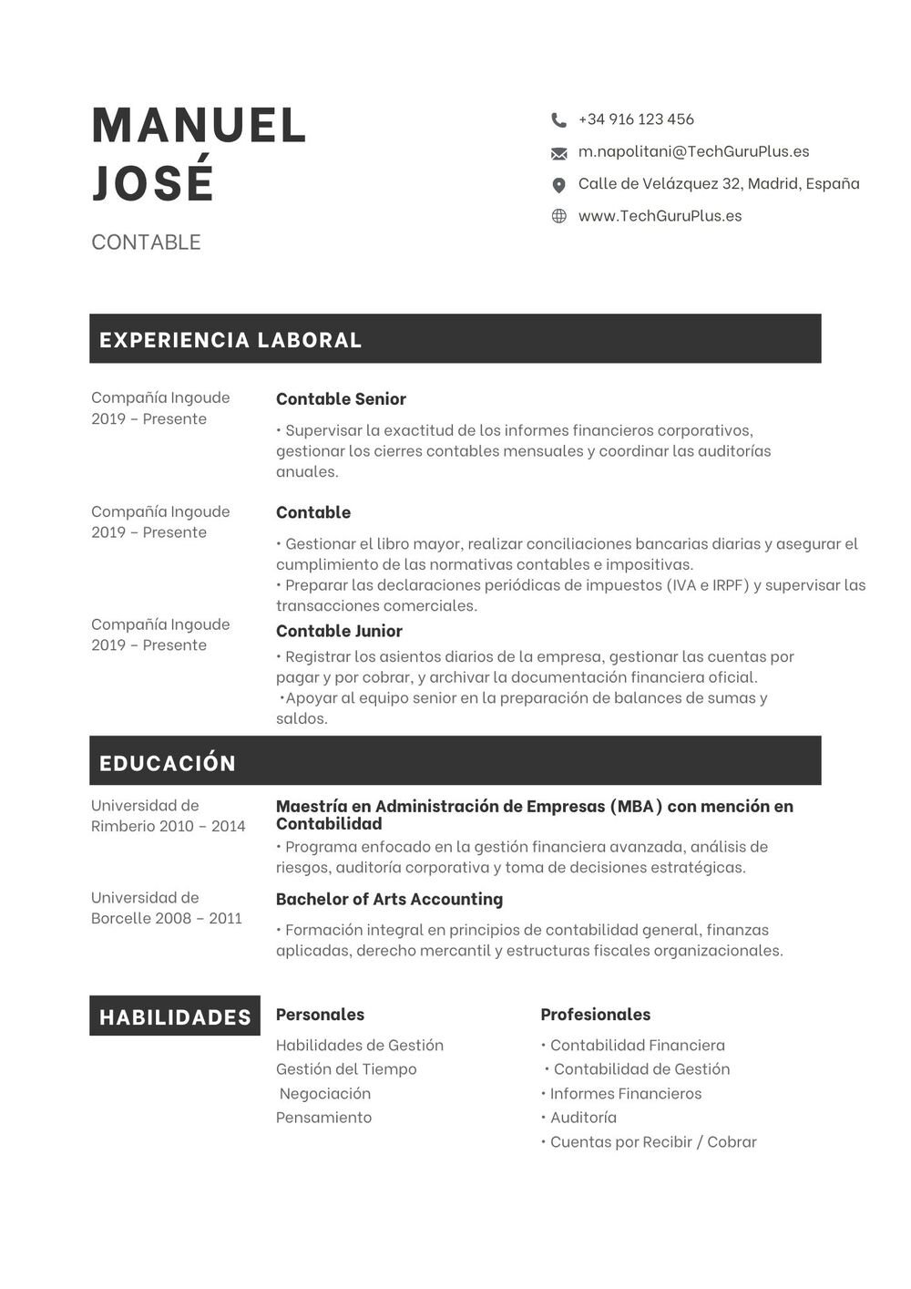 Plantilla de Currículum de Contable Profesional y Gestión de Finanzas