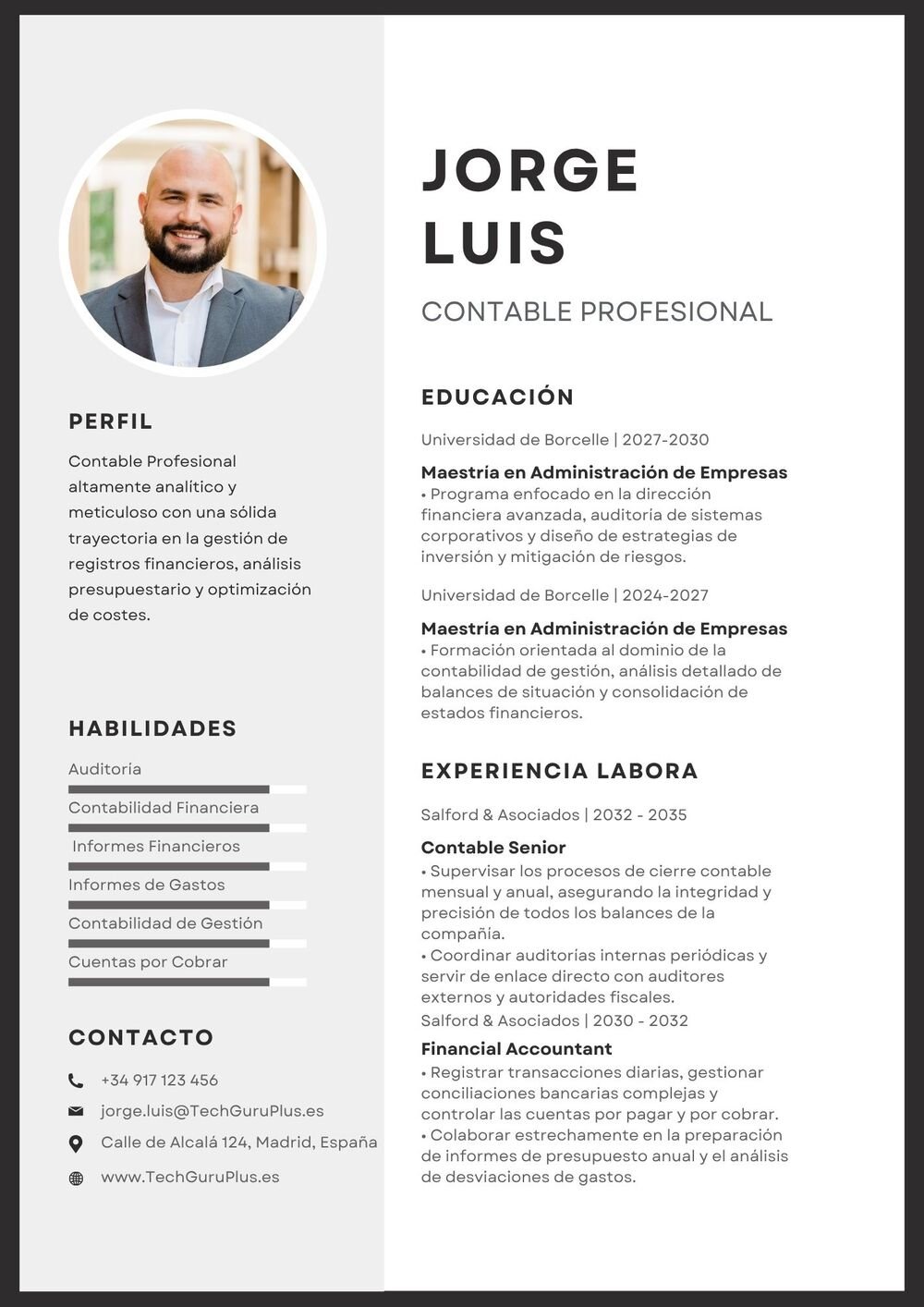 Plantilla de Currículum de Contable Senior y Administración de Empresas