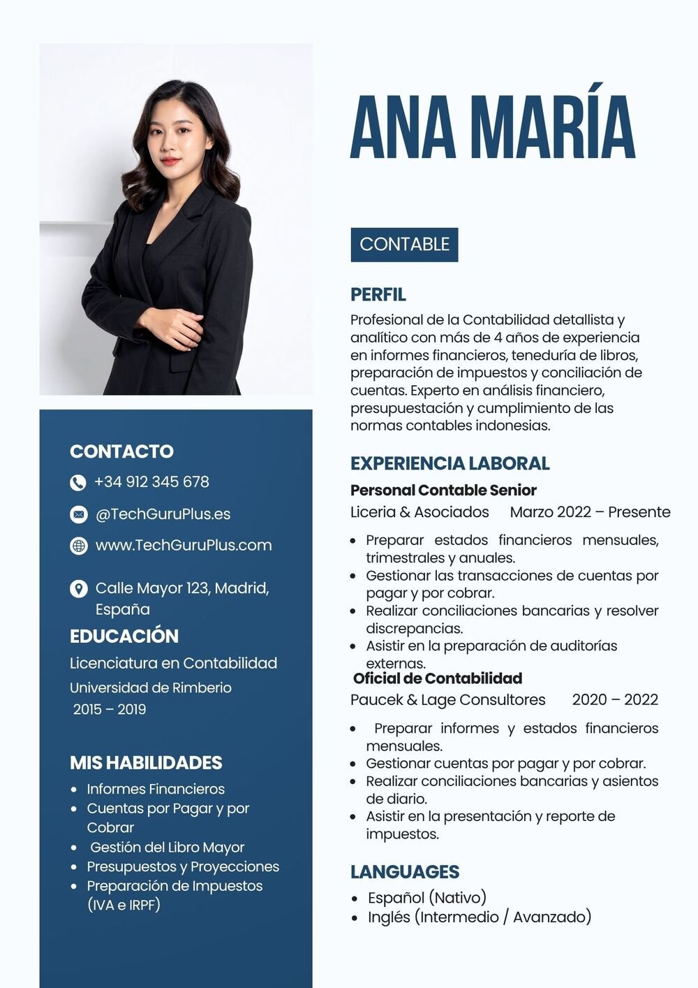 Plantilla de Currículum de Contable y Asistente Financiero