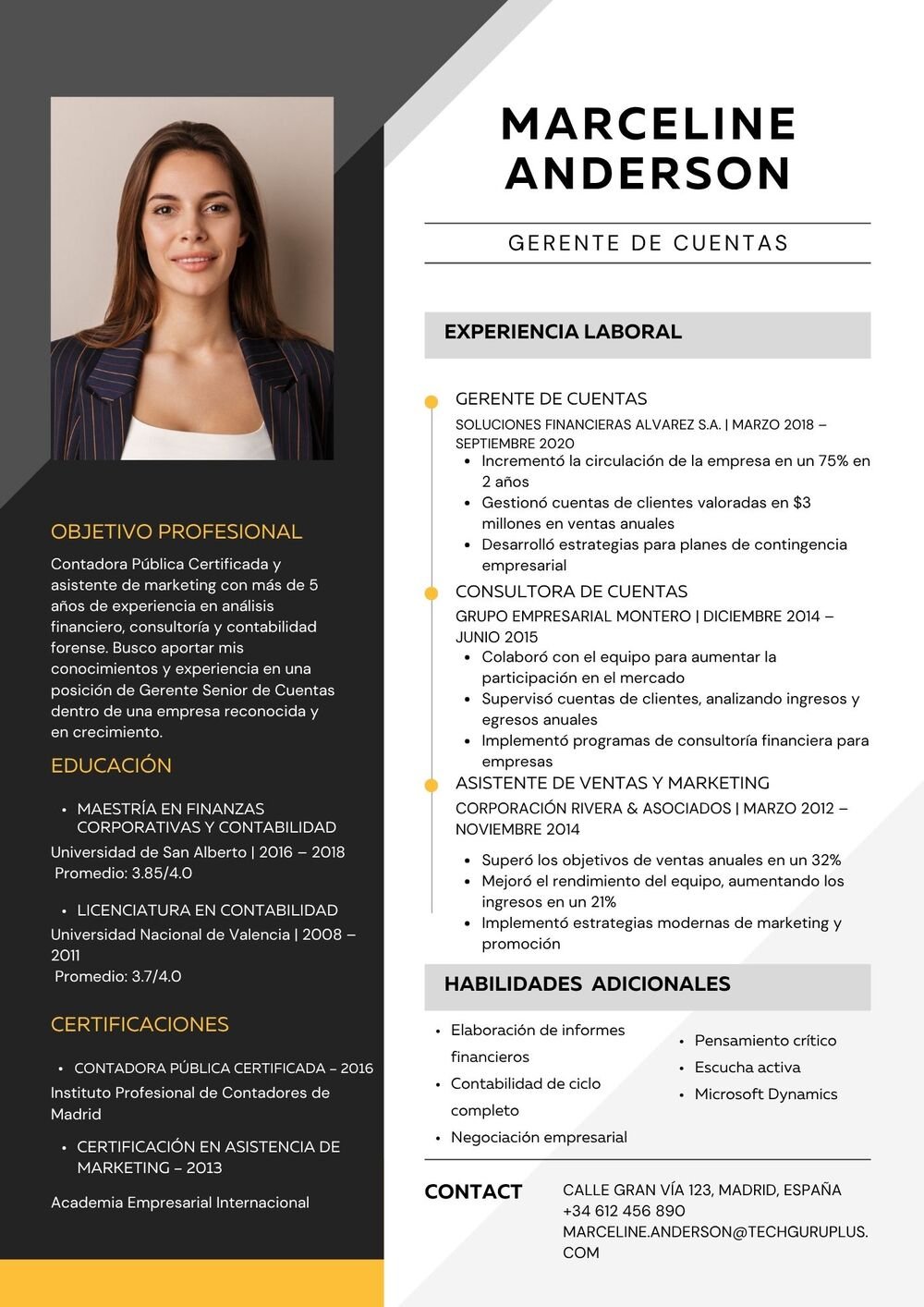 Plantilla de Currículum de Contadora y Gerente de Finanzas Profesional