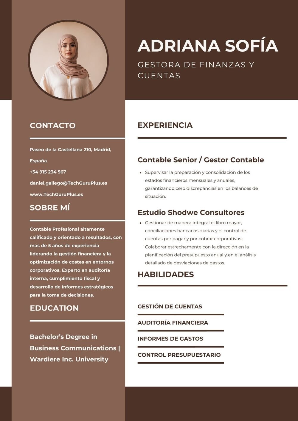 Plantilla de Currículum de Gestora de Finanzas y Contabilidad