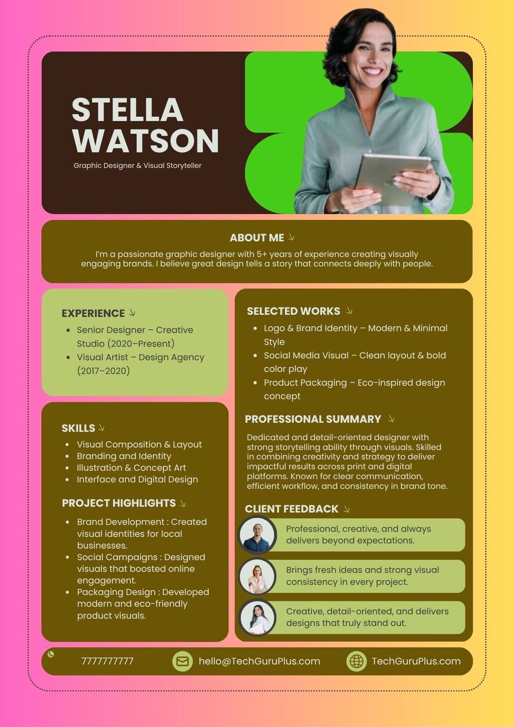 Resume CV Template Creative Bright Graphic Designer and Visual Storyteller CV