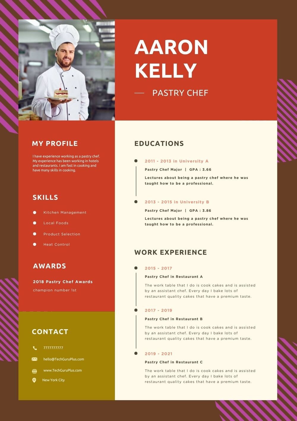 Resume CV Template Creative Colorful Pastry Chef and Baker Resume Word