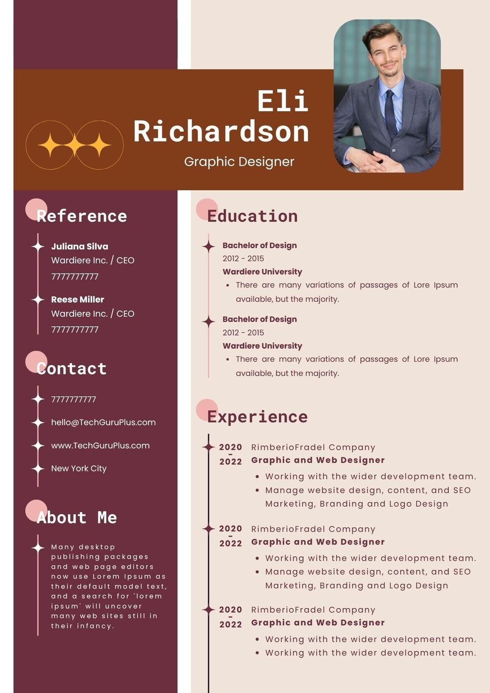 Resume CV Template Creative Retro Star Brown Graphic Designer CV Layout