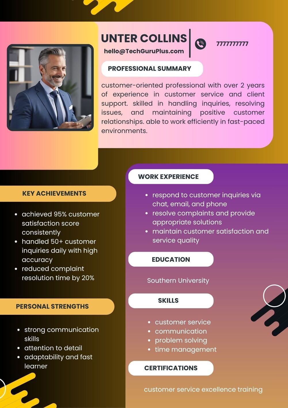 Resume CV Template Vibrant Colorful Customer Service and Support Executive CV