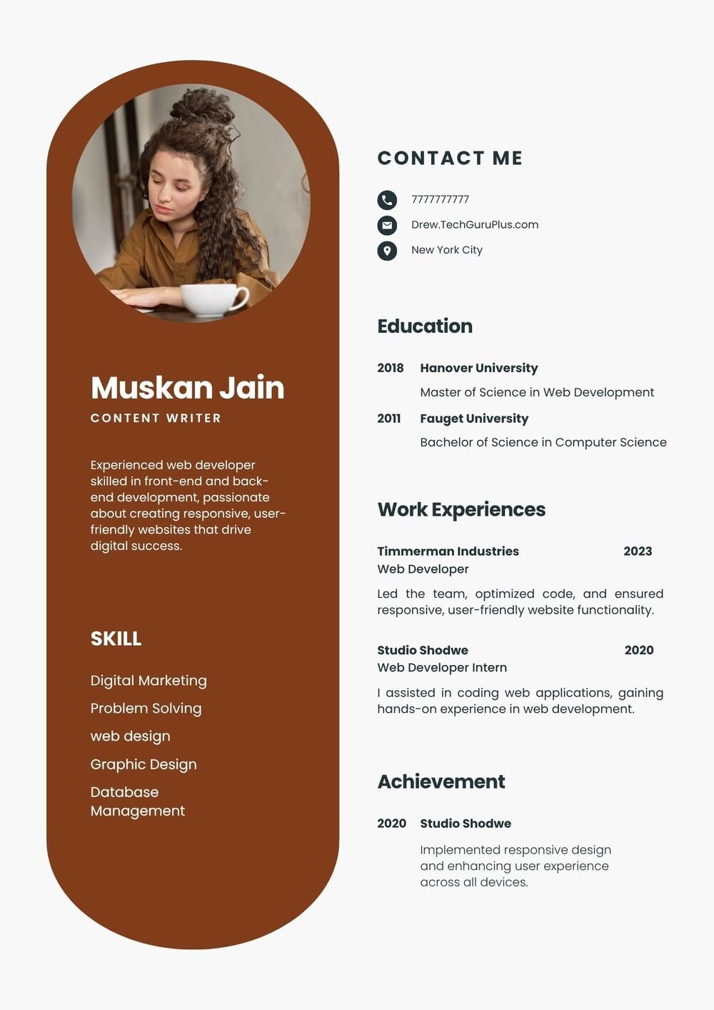 Resume CV Template for Content Writers and Web Developers ( download .docx )