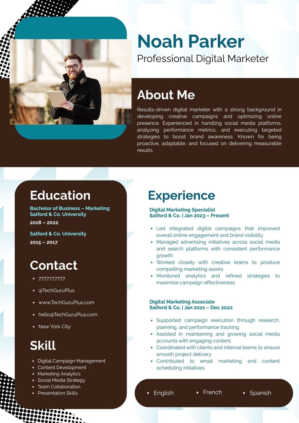 Resume CV Template for Digital Marketers and Content Specialists Word