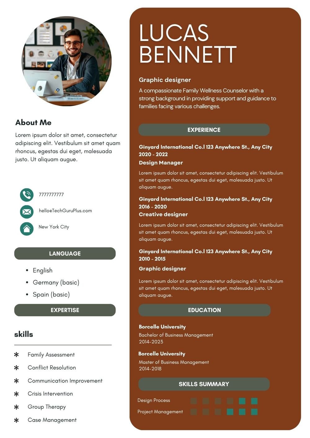 Resume CV Template for Family Counselors and Social Workers Word