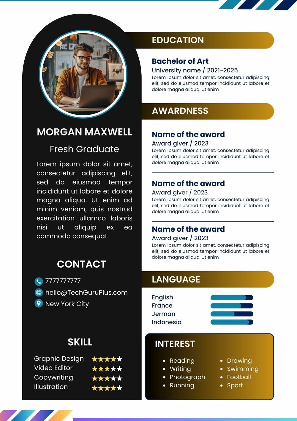 Resume CV Template for Fresh Graduates and Creative Professionals Word