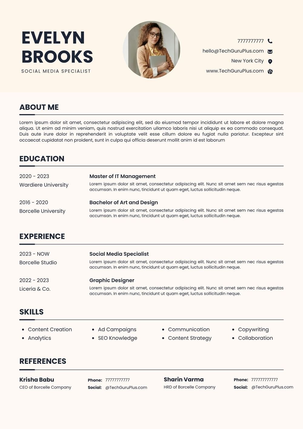 Resume CV Template for Social Media Specialists and PR Leads Word