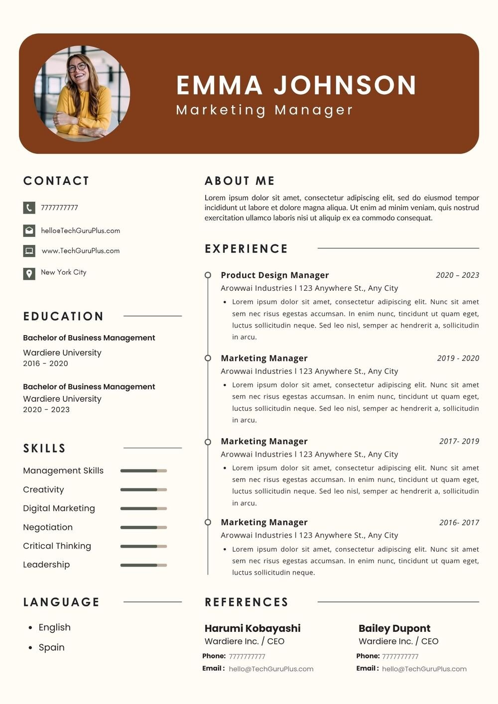 Resume CV Template for Marketing Managers and Executives Word