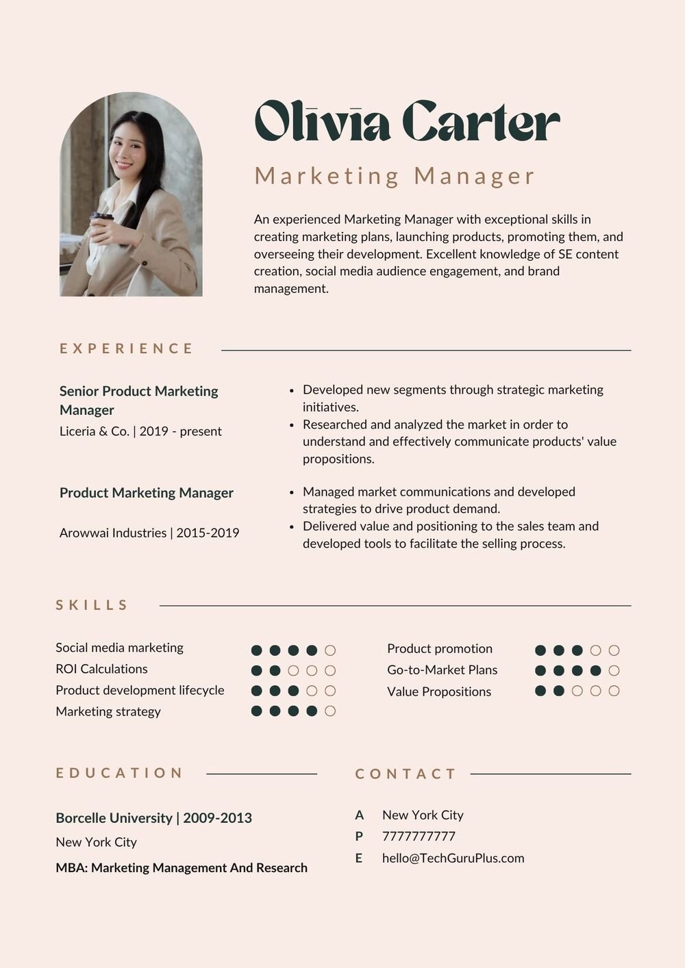 Resume CV Template for Product Marketing Managers Word