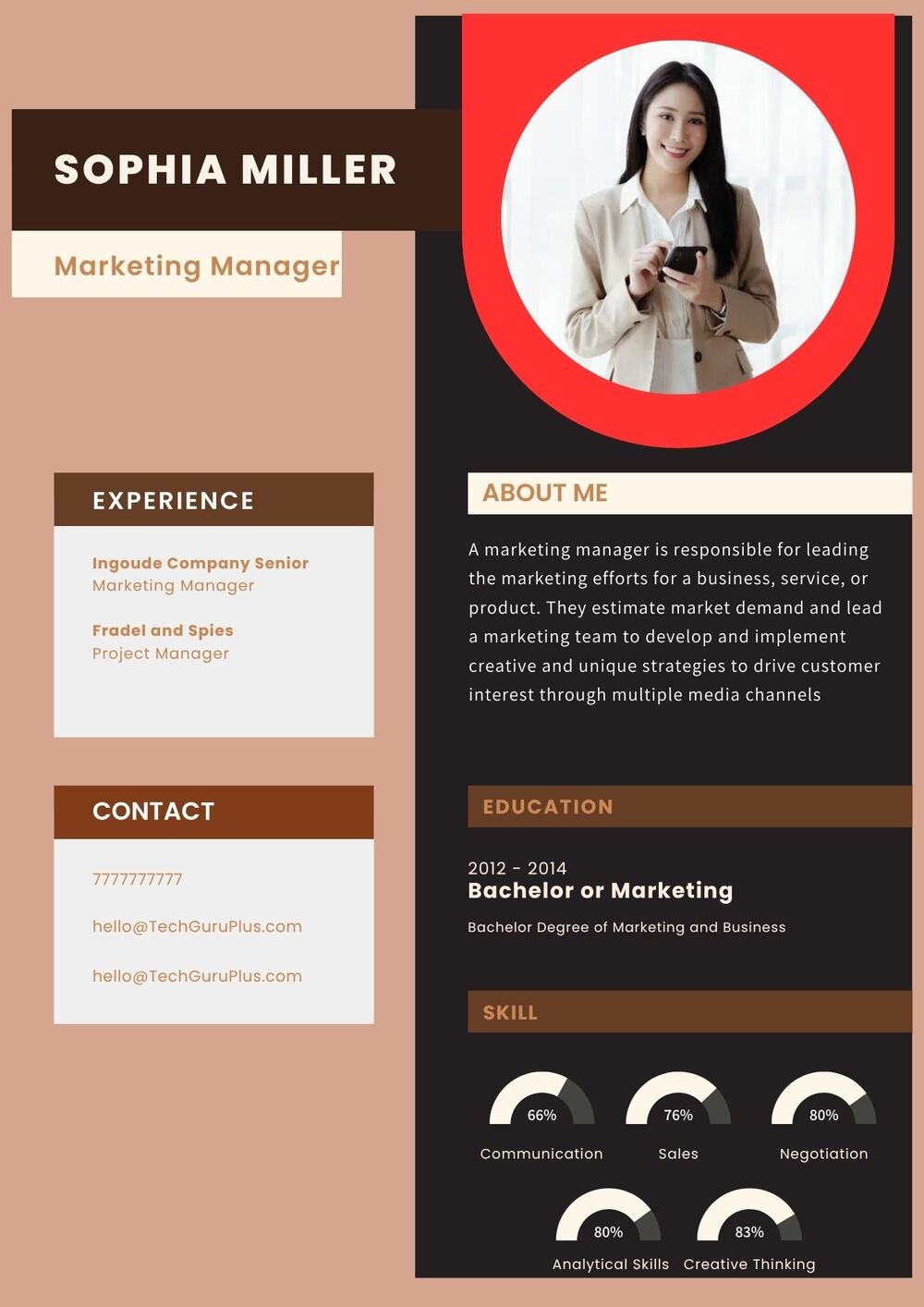 Resume CV Template with Creative Skills Progress Bars Word