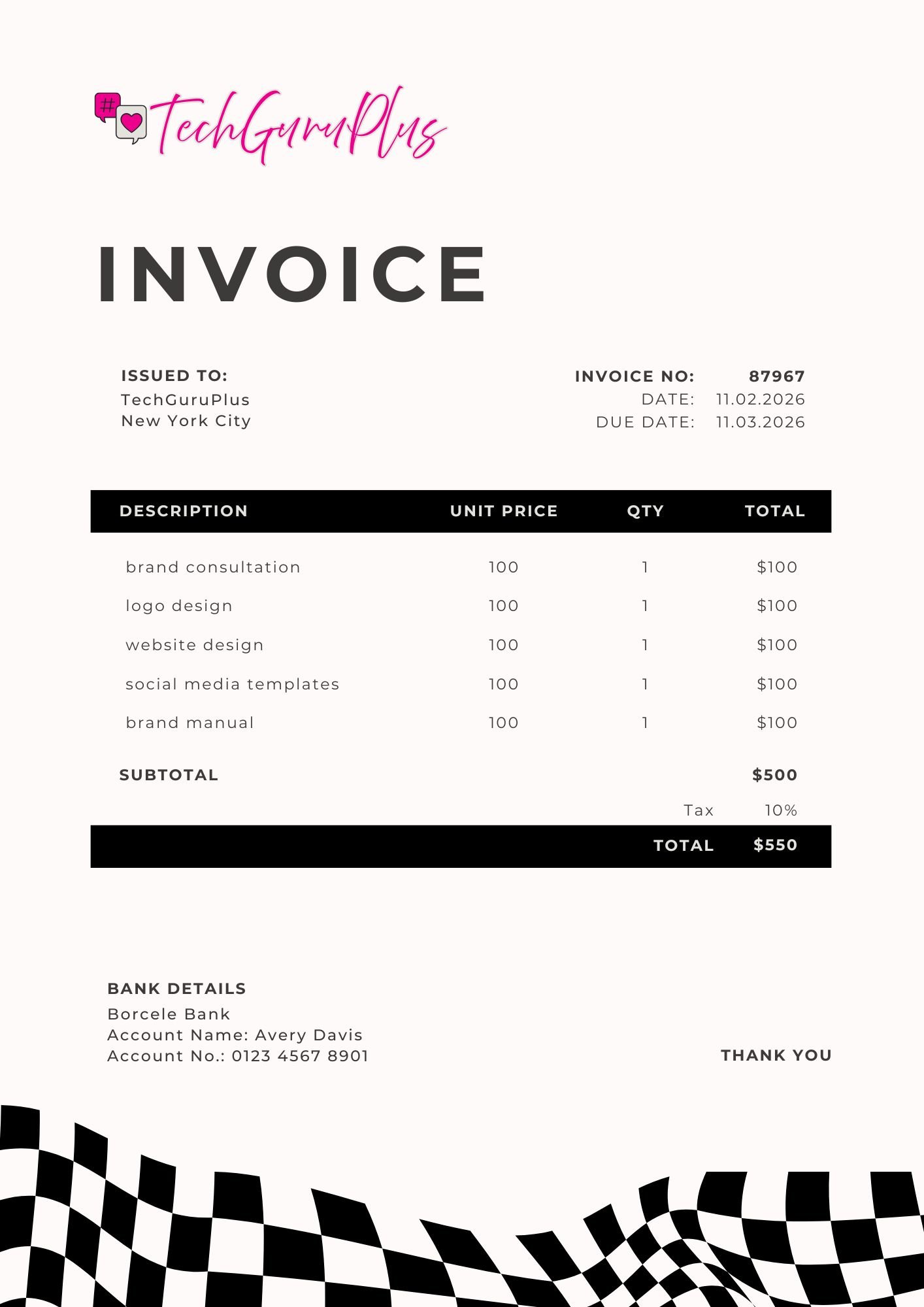 Stylish Monochrome Branding Invoice Template (Free Word Download)