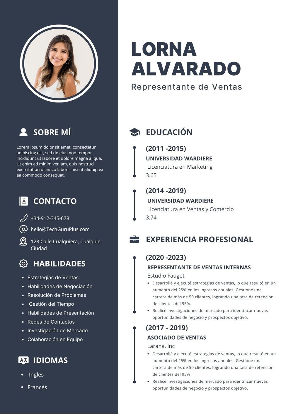 Diseño de Currículum para Representante de Ventas