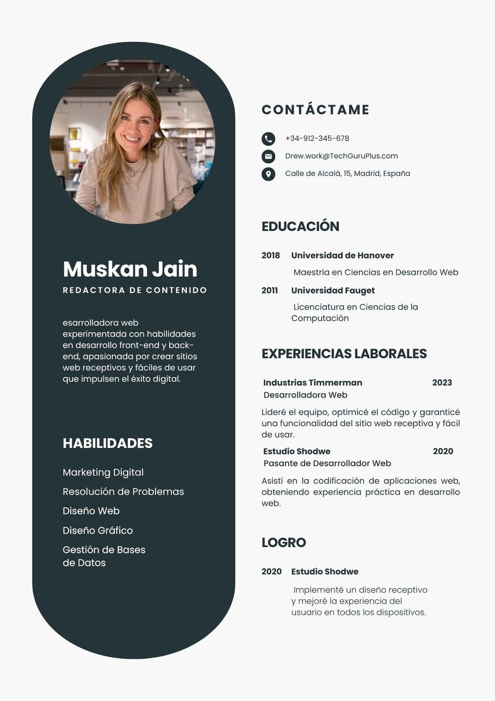 Modelo de Currículum para Redactora y Desarrolladora Web