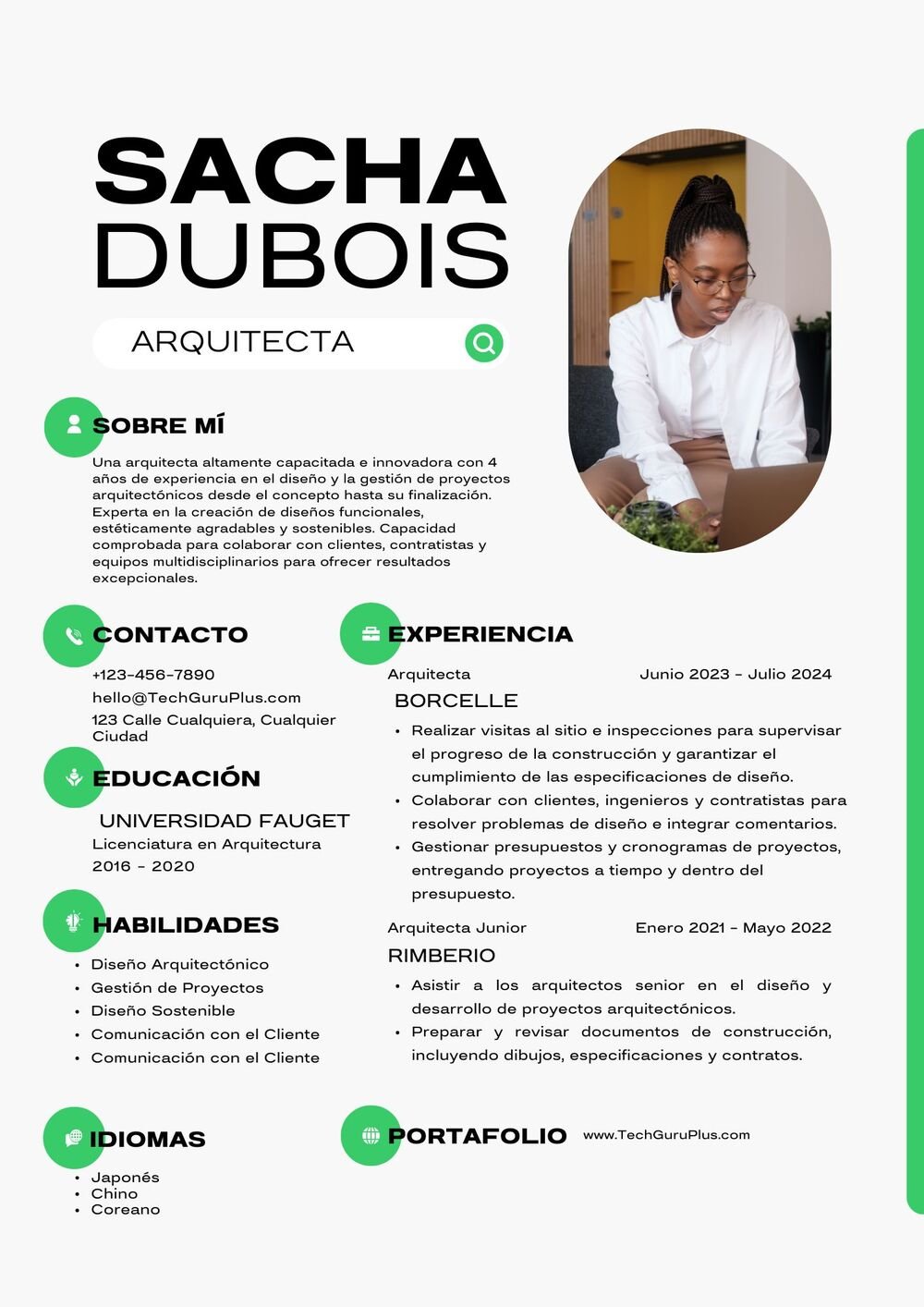 Plantilla de Currículum Arquitectónico en Tonos Verdes