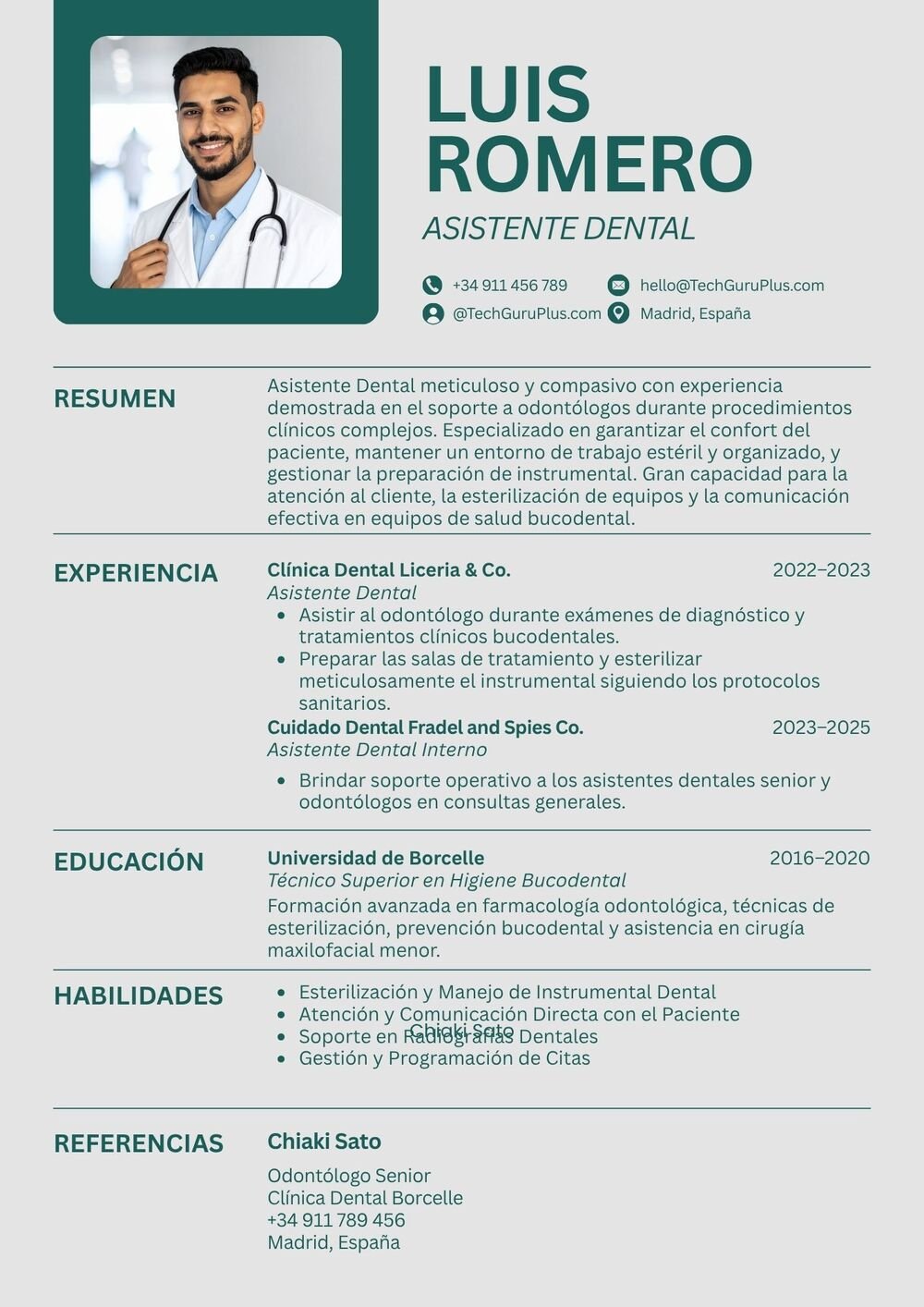 Plantilla de Currículum de Asistente Dental e Higiene Bucodental