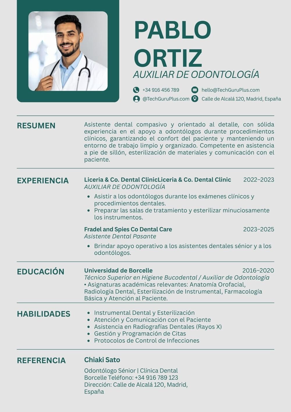 Plantilla de Currículum de Auxiliar de Odontología e Higiene Bucodental