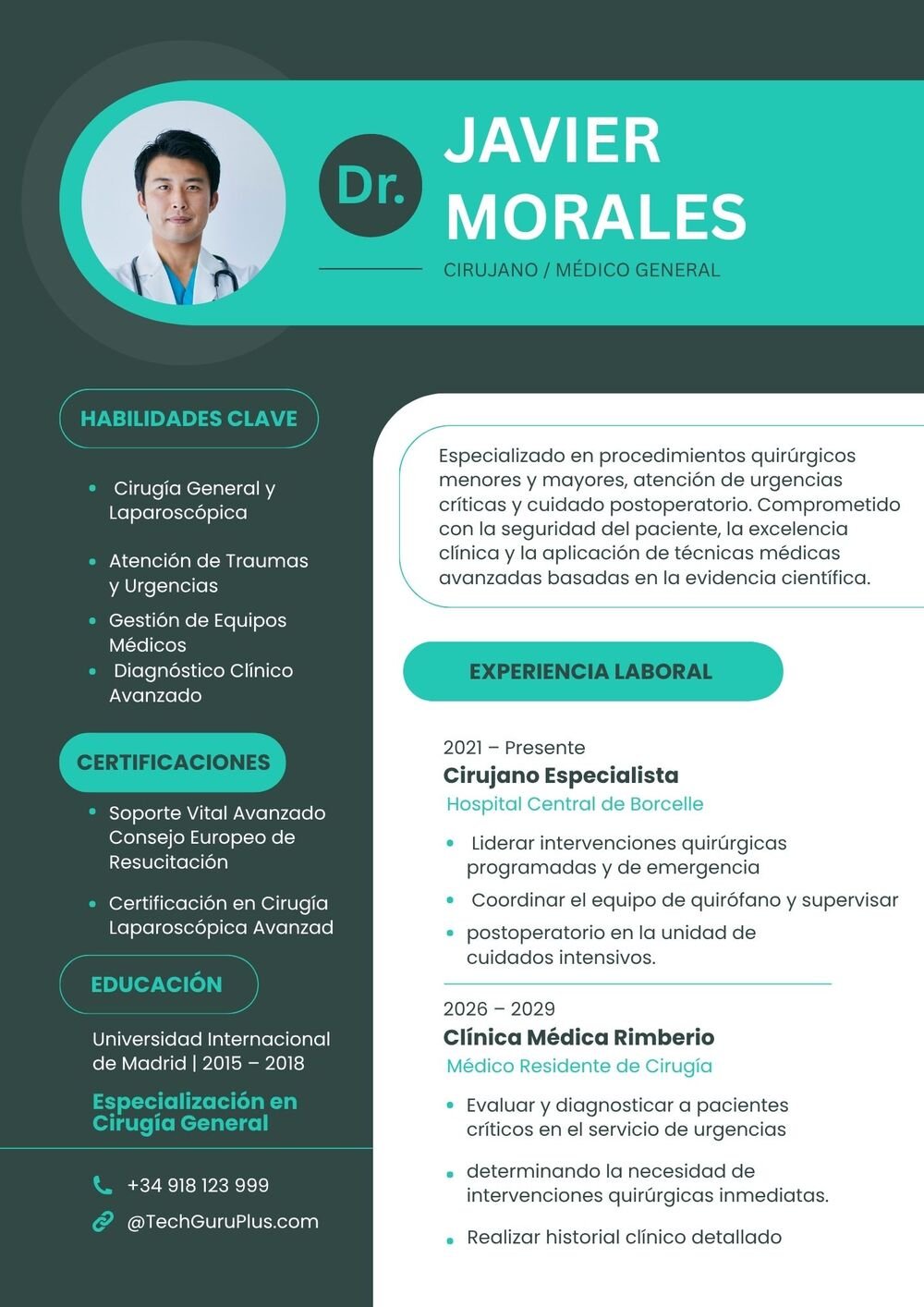 Plantilla de Currículum de Cirujano Especialista y Médico General