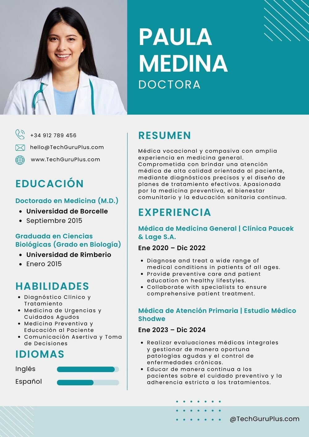 Plantilla de Currículum de Doctora y Médica de Medicina General