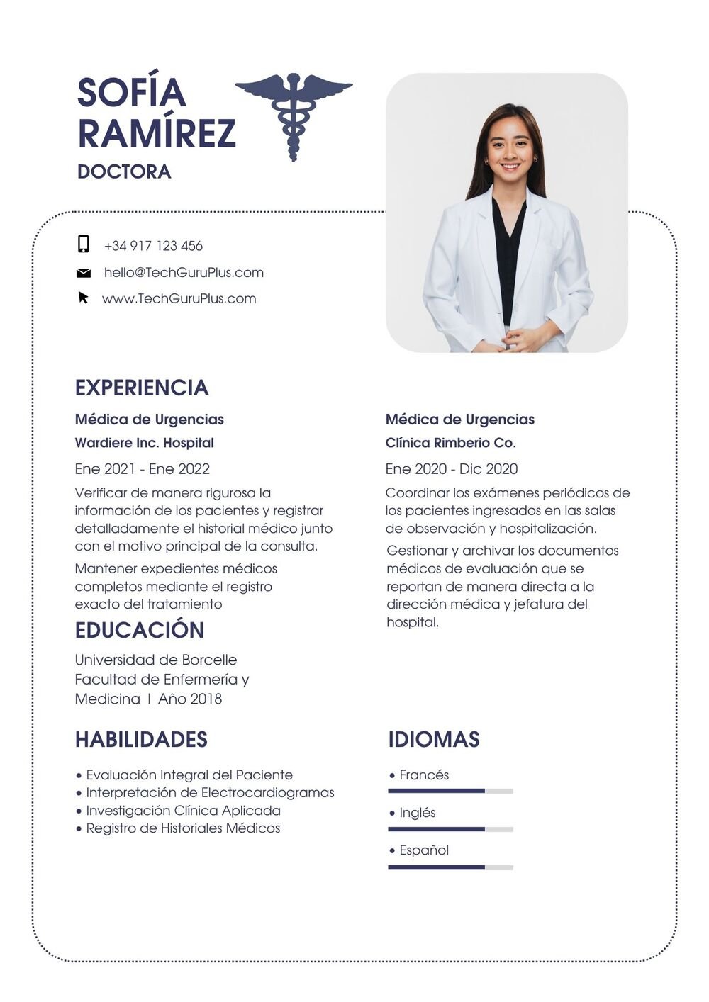 Plantilla de Currículum de Doctora y Médica de Urgencias
