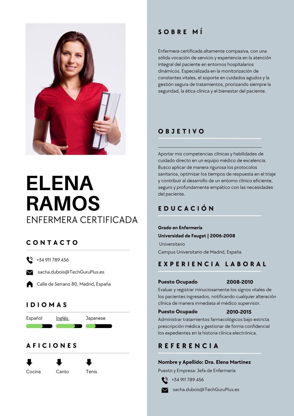 Plantilla de Currículum de Enfermera Certificada y Grado en Enfermería