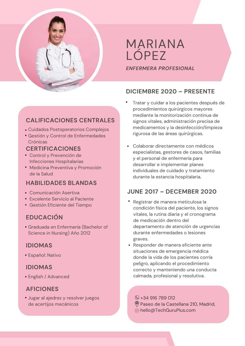 Plantilla de Currículum de Enfermera Profesional y Cuidados Postoperatorios