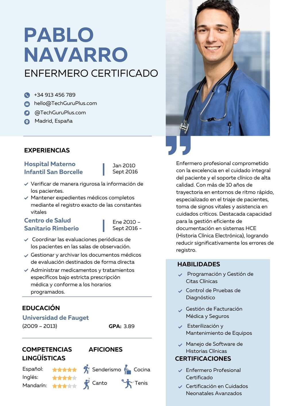 Plantilla de Currículum de Enfermero Certificado y Cuidados Neonatales