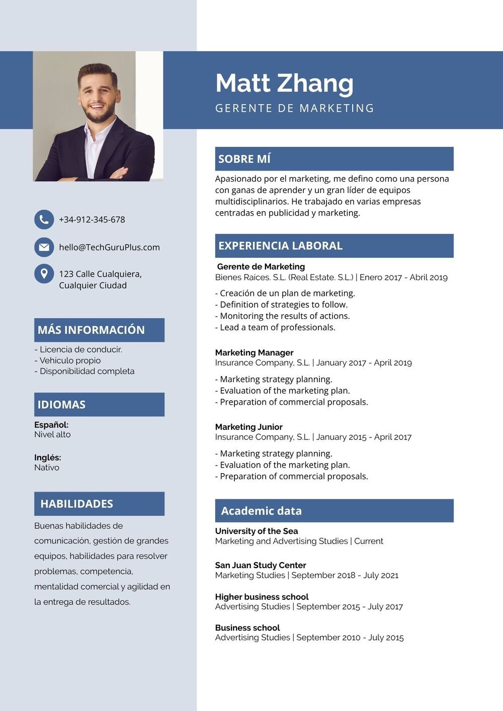 Plantilla de Currículum de Gerente de Marketing