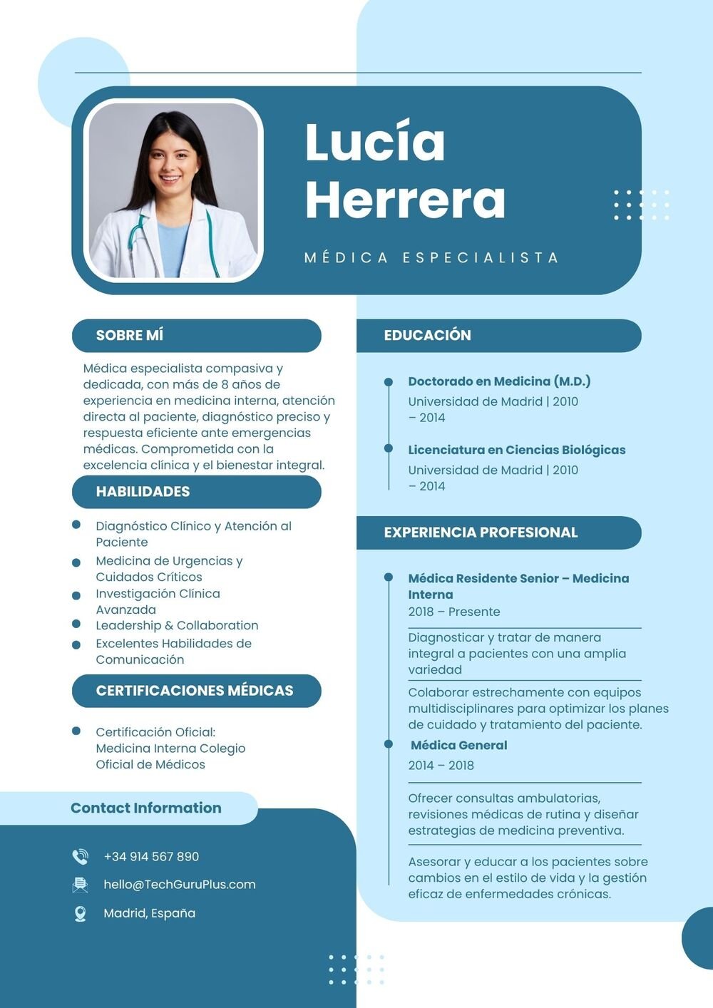 Plantilla de Currículum de Médica Especialista y Medicina Interna