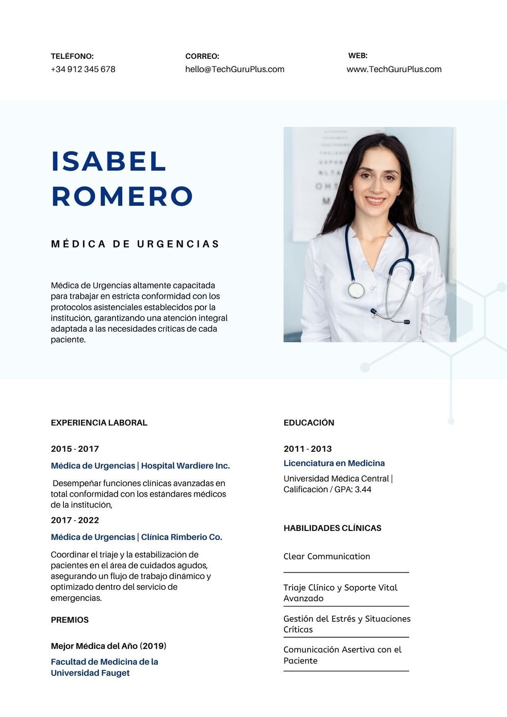 Plantilla de Currículum de Médica de Urgencias y Licenciatura en Medicina