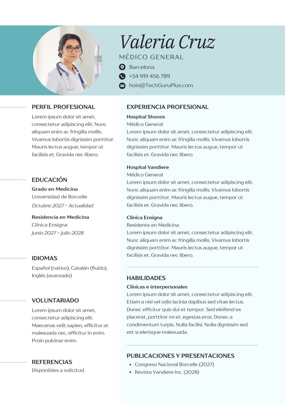 Plantilla de Currículum de Médico General y Residencia en Medicina
