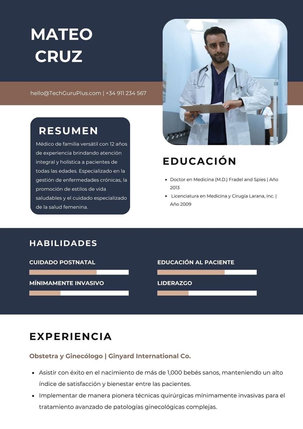 Plantilla de Currículum de Obstetra, Ginecólogo y Médico de Familia