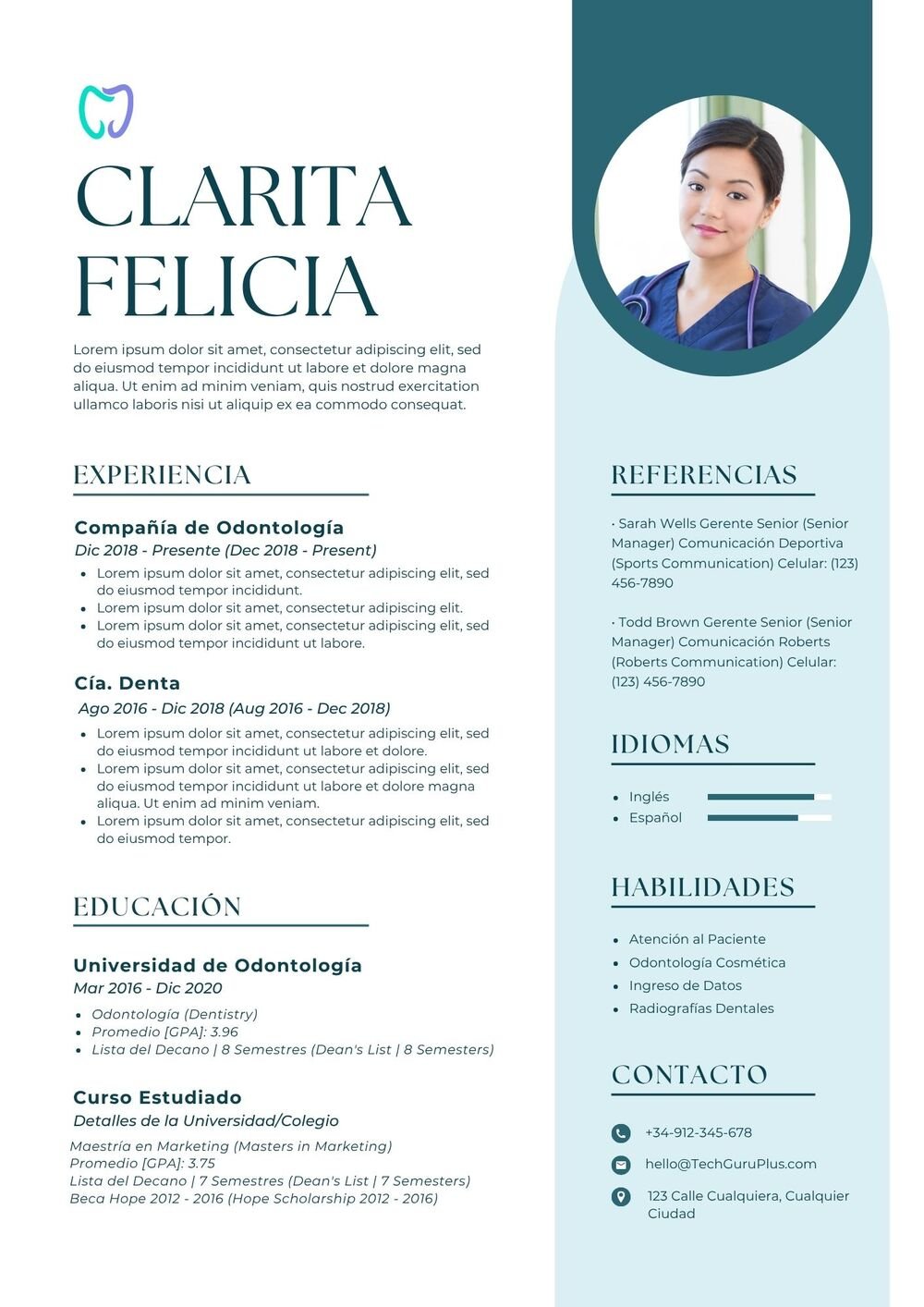 Plantilla de Currículum de Odontología